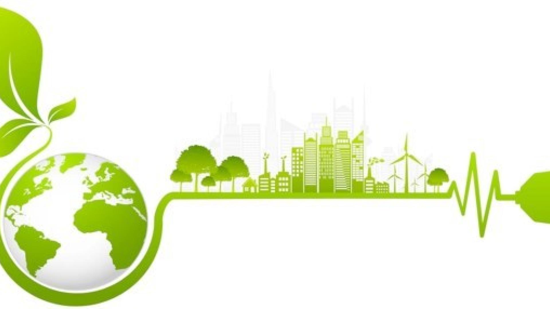 Eco-friendly graphic: green earth, leaves, skyline, and a plug.