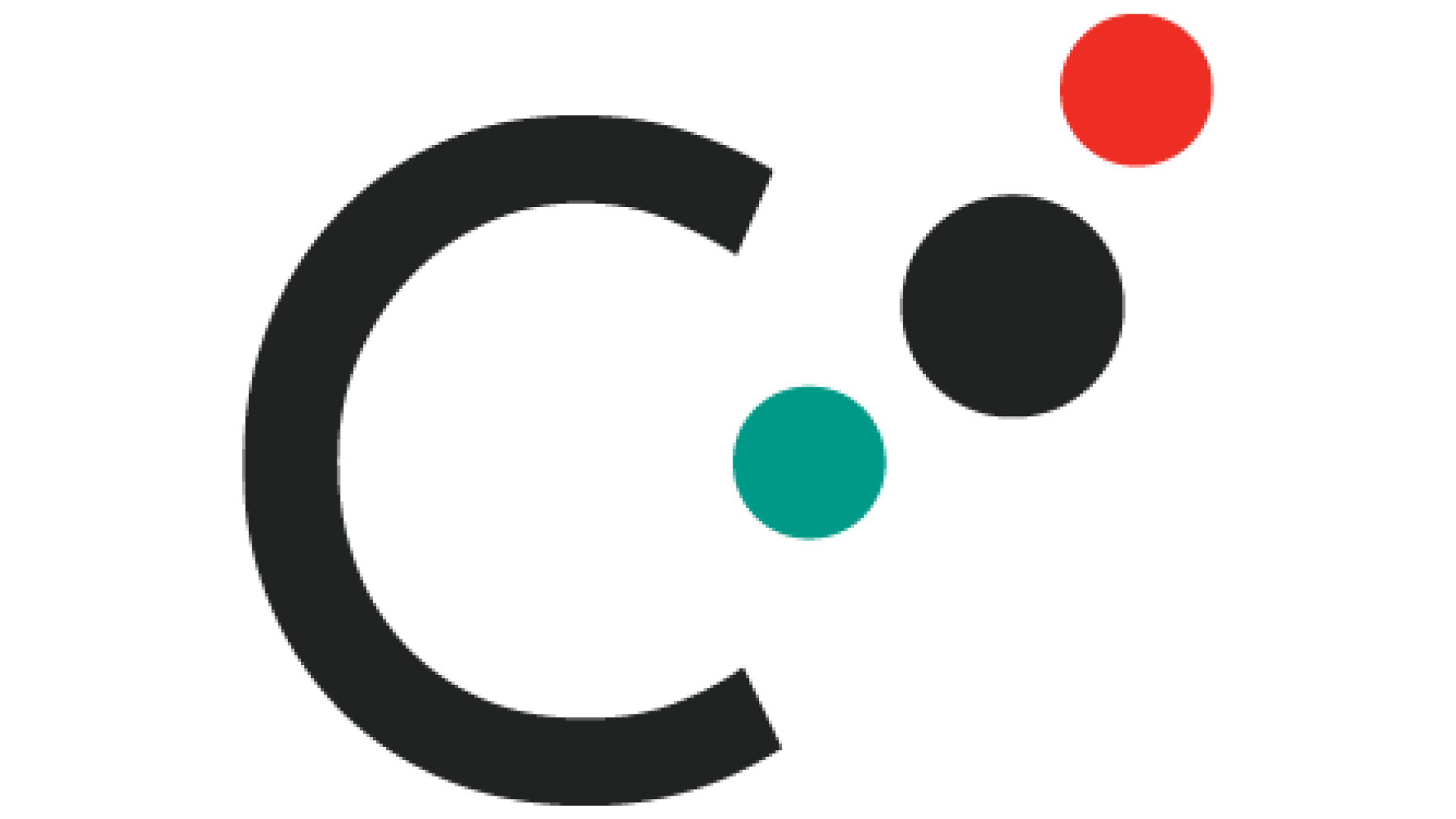 C black logo with red, teal, and black dots.