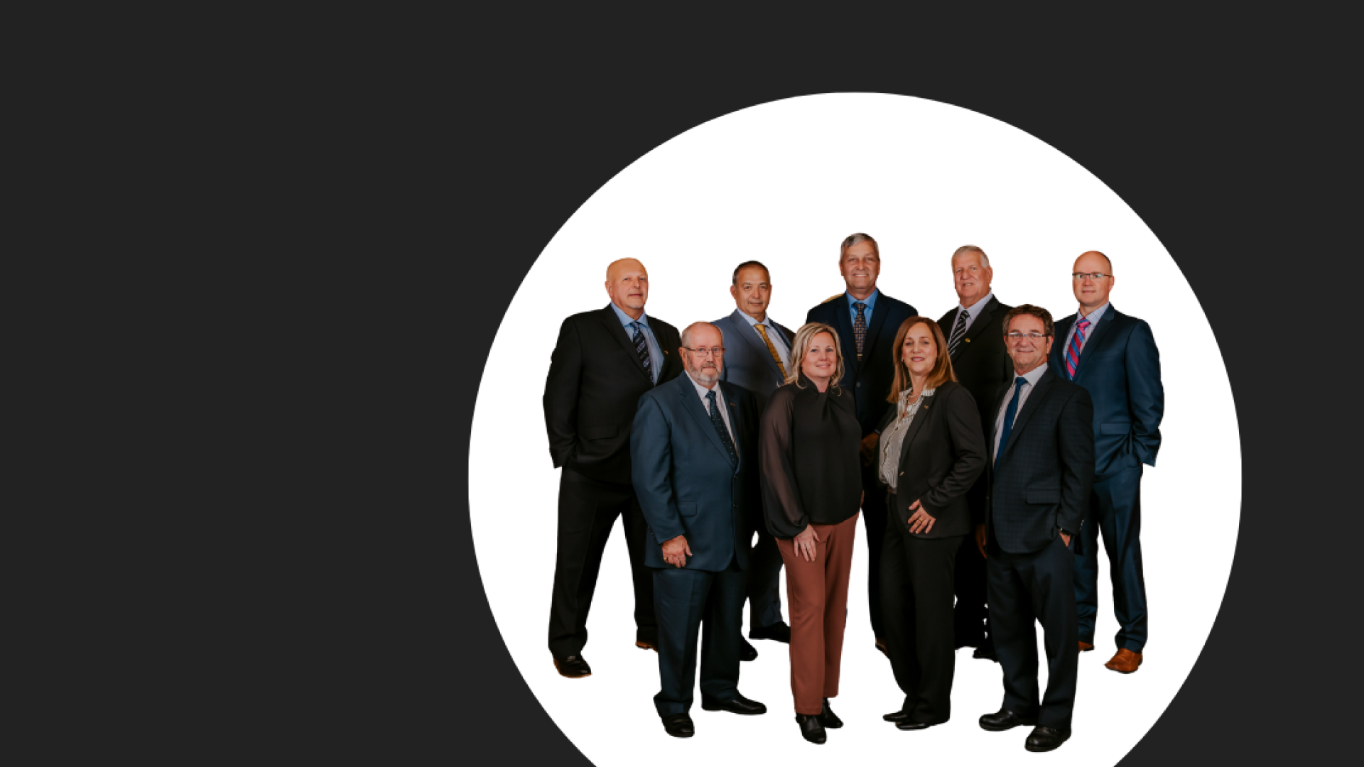 Special meeting graphic with a group of people in formal attire against a black background.