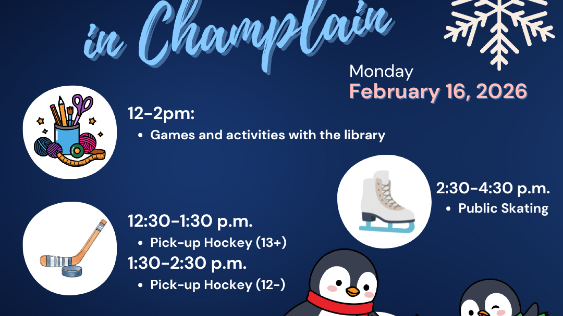 Family Day event poster with penguins and snowflakes.