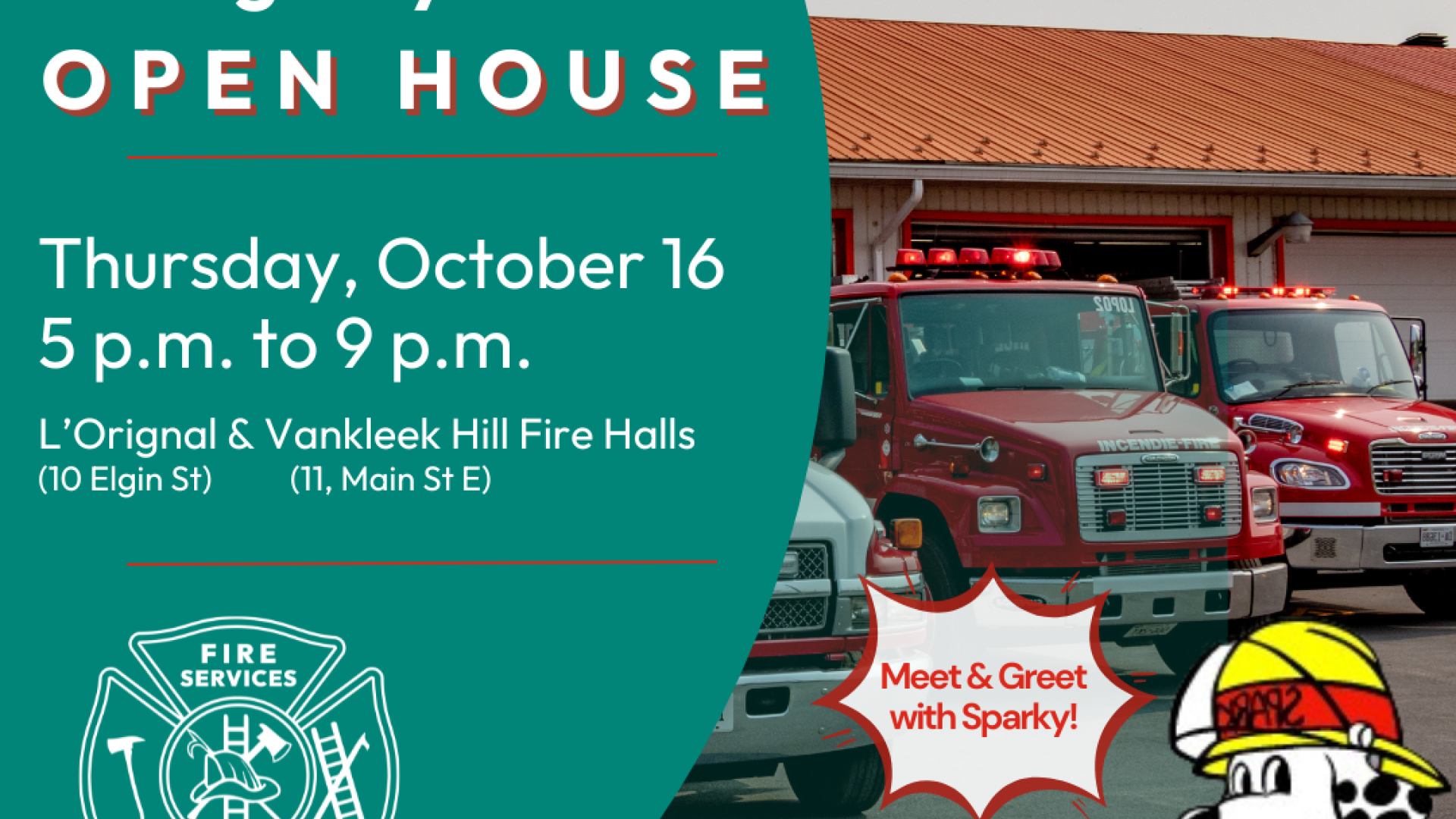 Fire hall with two fire trucks and cartoon dog in firefighter gear.