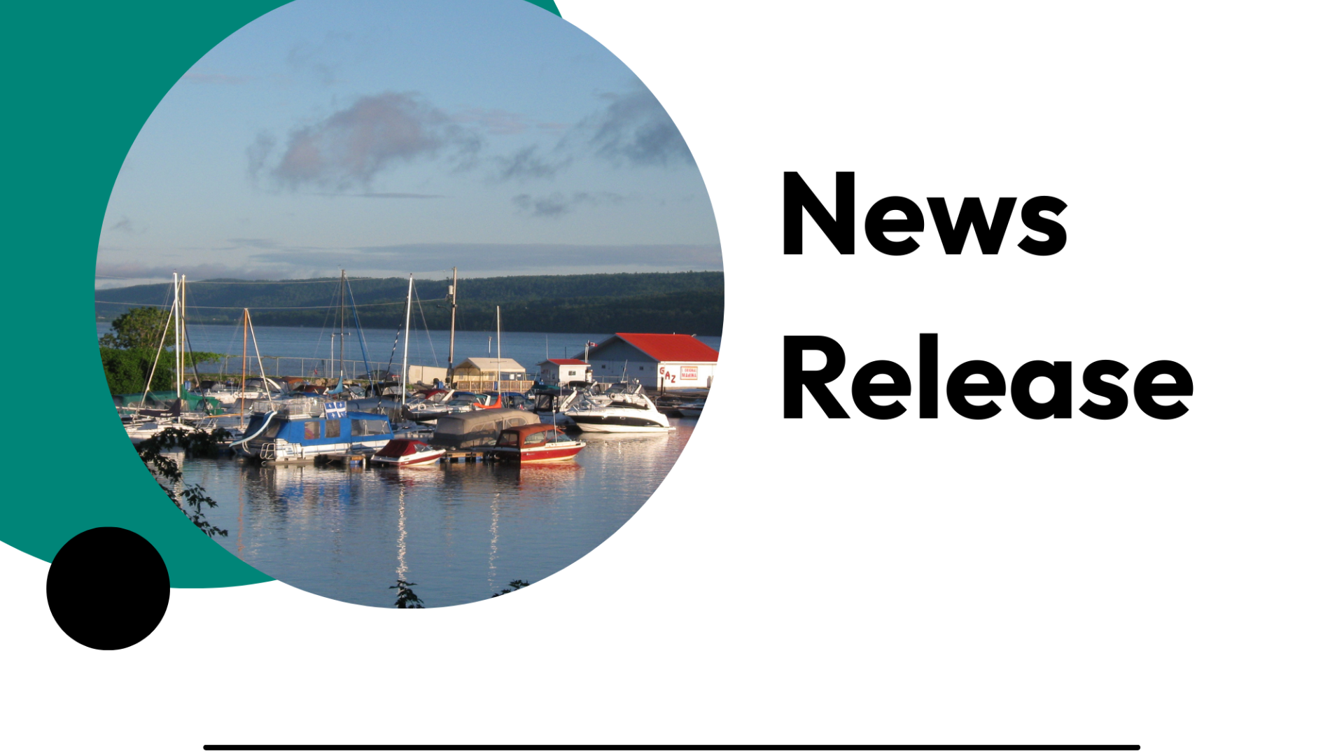 Marina with boats under a cloudy sky, Champlain Township logo.