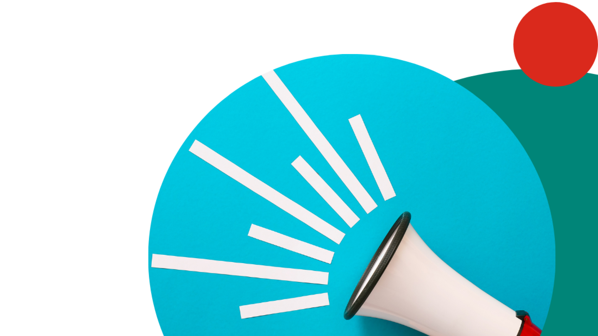 Megaphone held by hand, blue circle, coloured dots.