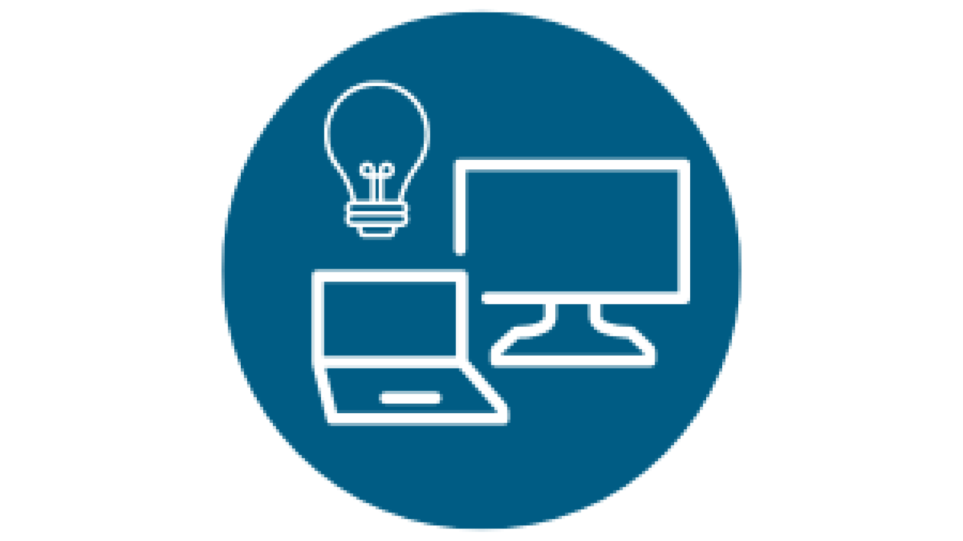 icon of a laptop, screen and light bulb in a blue circle