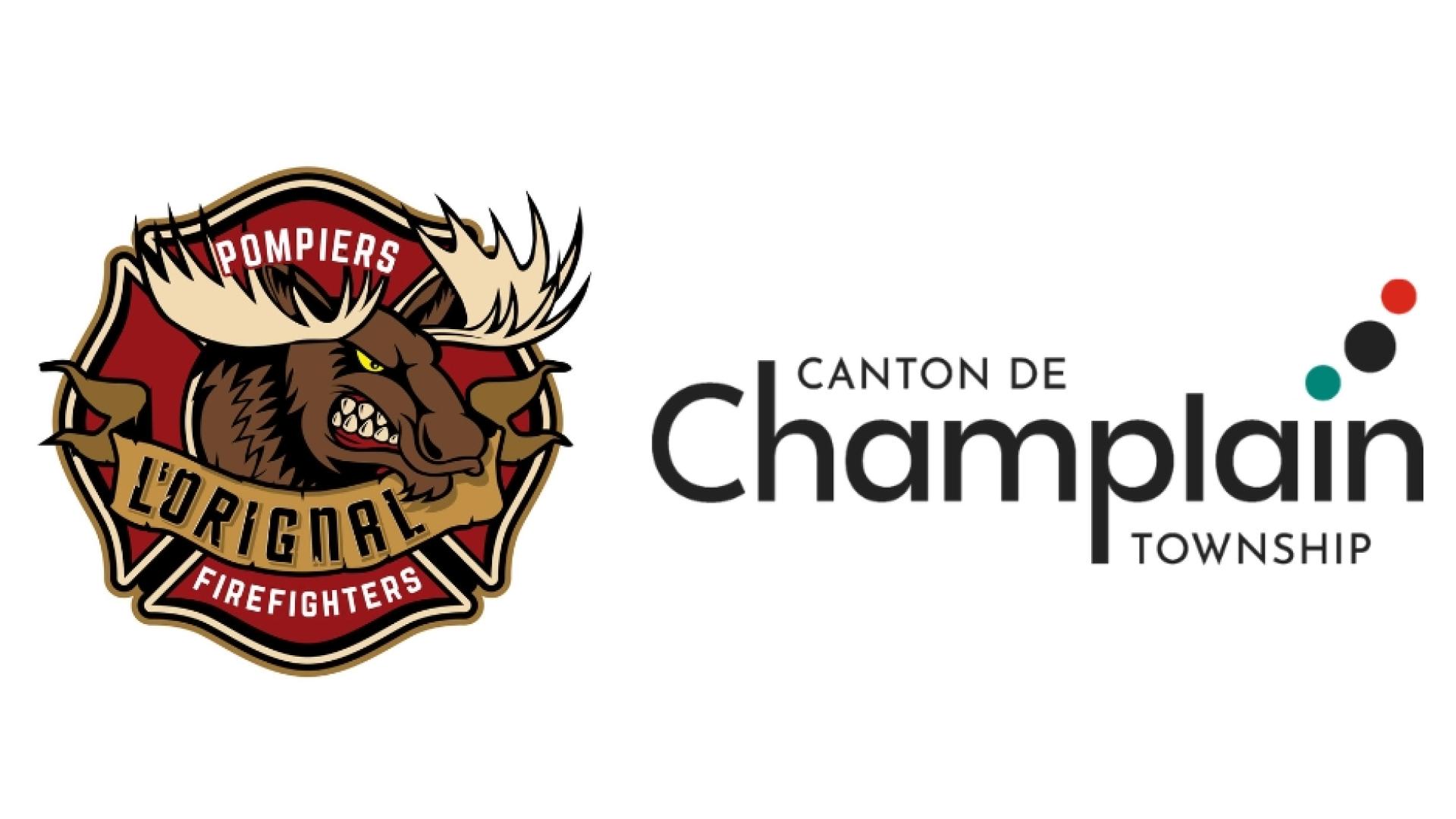 logo of L'Orignal firefighters association being an angry moose in a red crest with wording Pompiers l'Orignal Firefighters and Champlain Township logo written in black with 3 dots red black teal