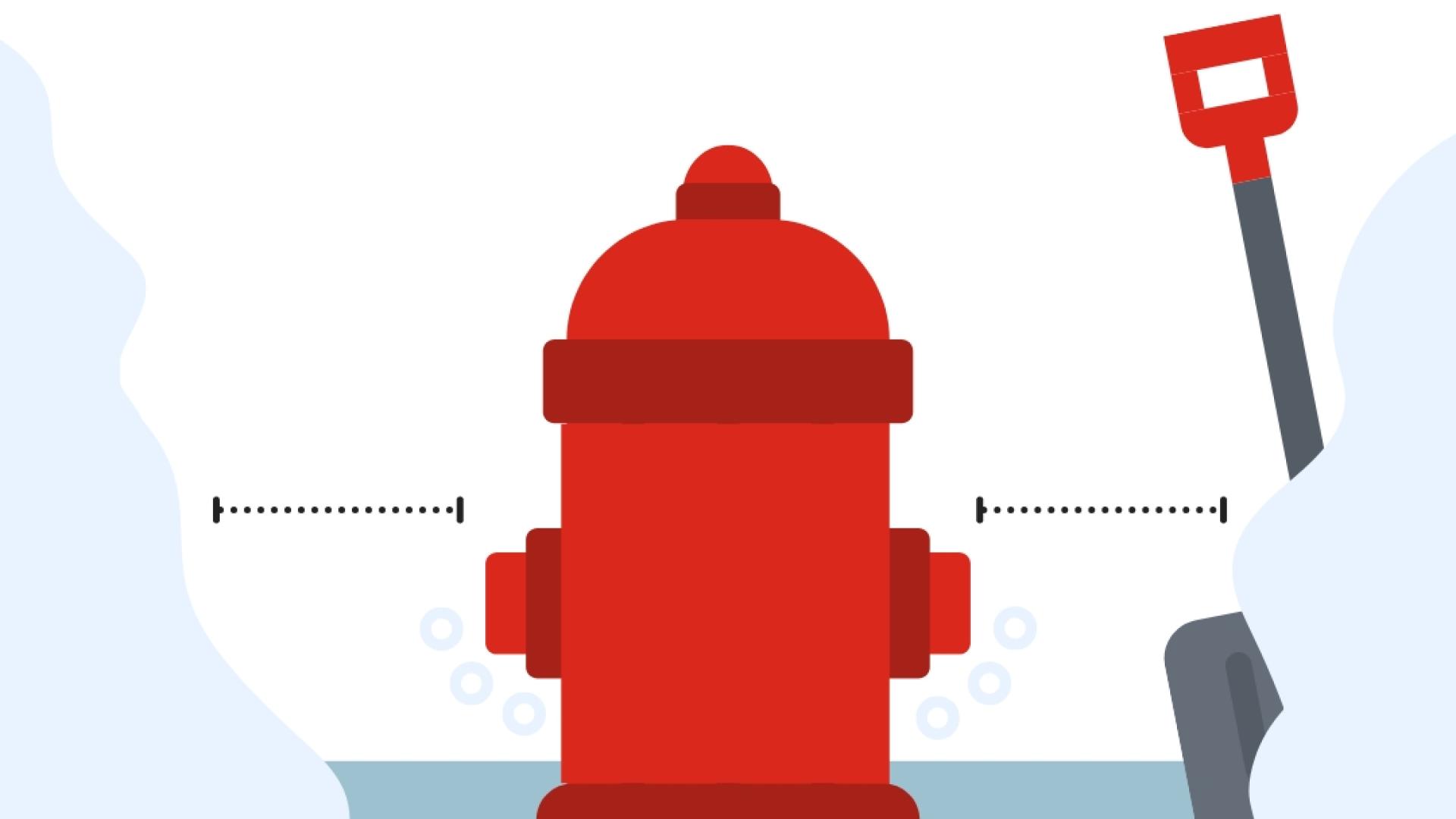 red hydrant with distance on each side from snow pile and a shovel