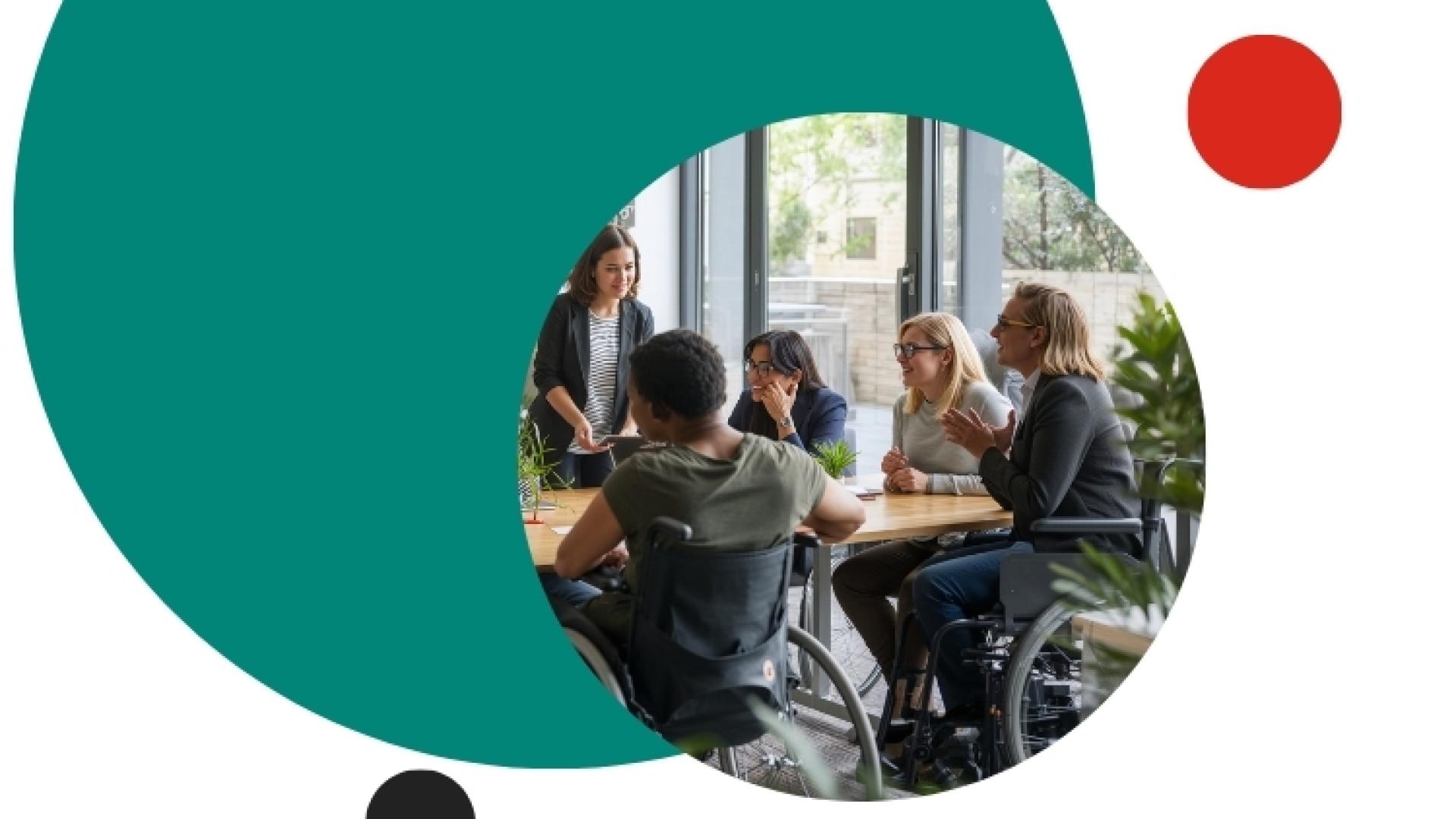 Community meeting with participants gathered around a table, framed within a teal graphic design with decorative colored dots.