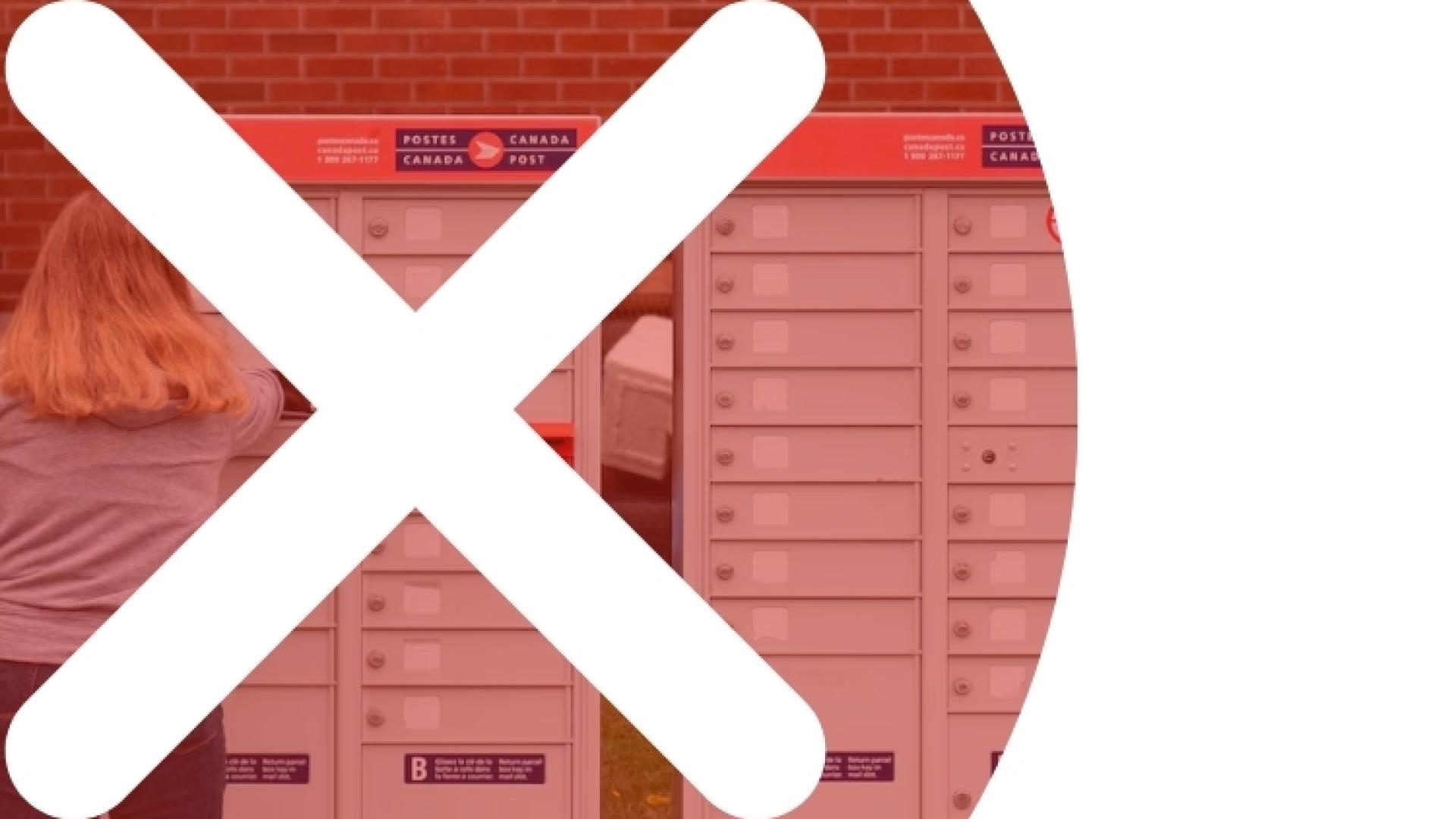 White X symbol over a red-toned textured background over a mailbox picture.