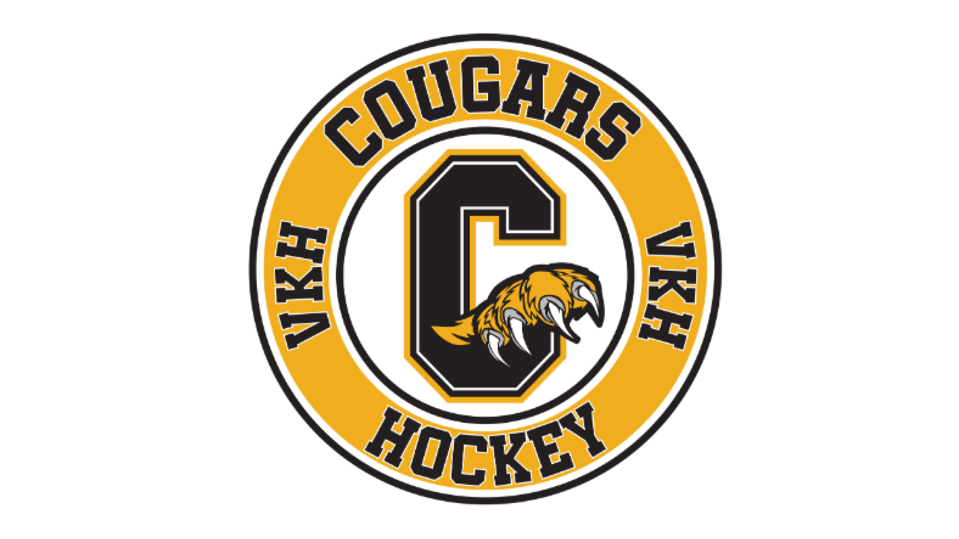 Vankleek Hill Cougars Hockey logo featuring a large letter "C" with a cougar head at the centre, surrounded by a gold and black circular design displaying "VKH Cougars Hockey".