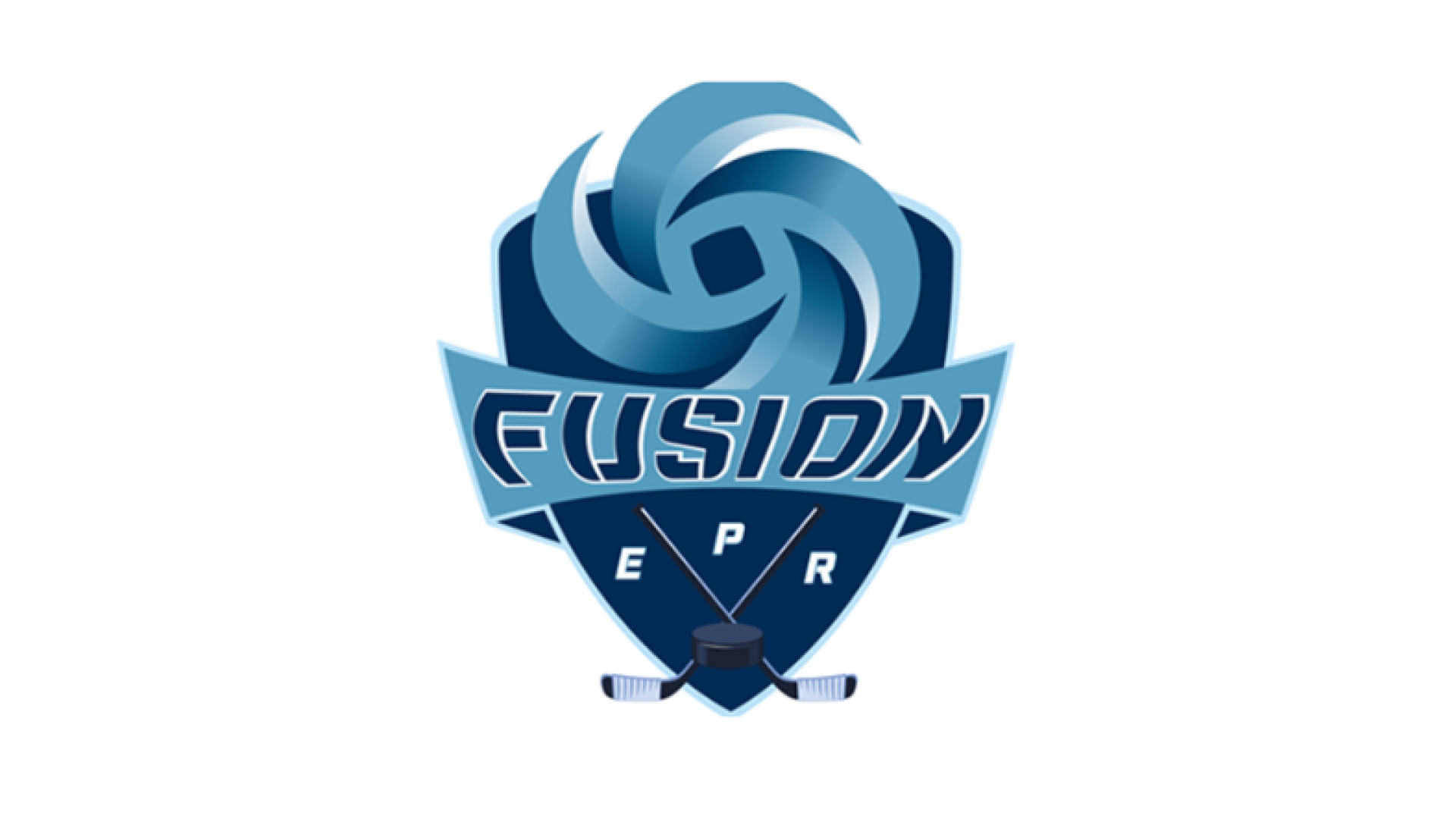 Eastern Prescott Russell Fusion logo featuring a blue shield, stylized swirl design, hockey puck and sticks, and the words "Fusion EPR".
