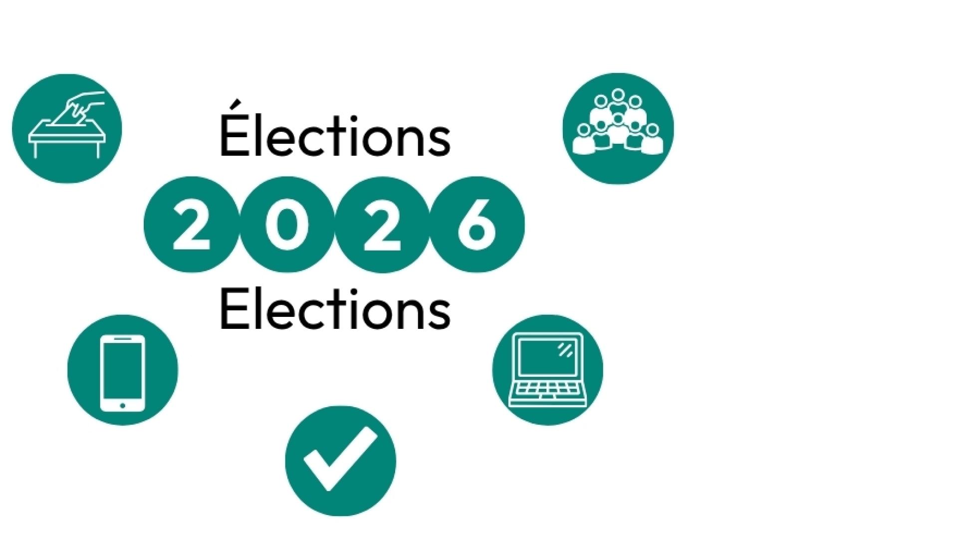 Municipal Elections 2026 graphic featuring icons representing voting, a mobile device, a ballot box, and a check mark