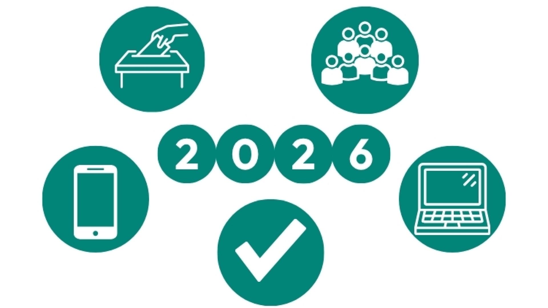Five teal icons surrounding the year 2026, including a road, a group of people, a smartphone, a laptop, and a check mark.