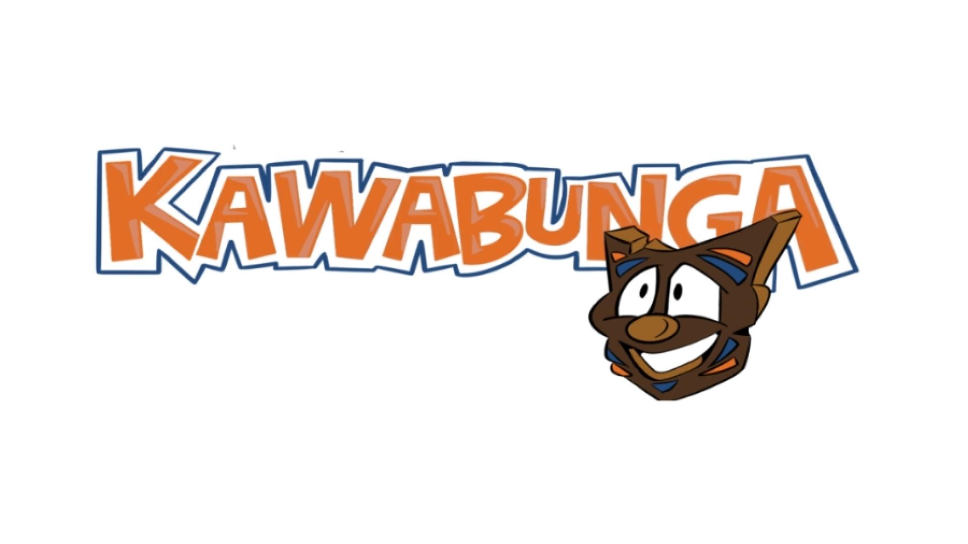 Kawabunga Summer Camps logo featuring the word "Kawabunga" in bold orange and blue lettering above a smiling cartoon beaver mascot wearing a blue cap.