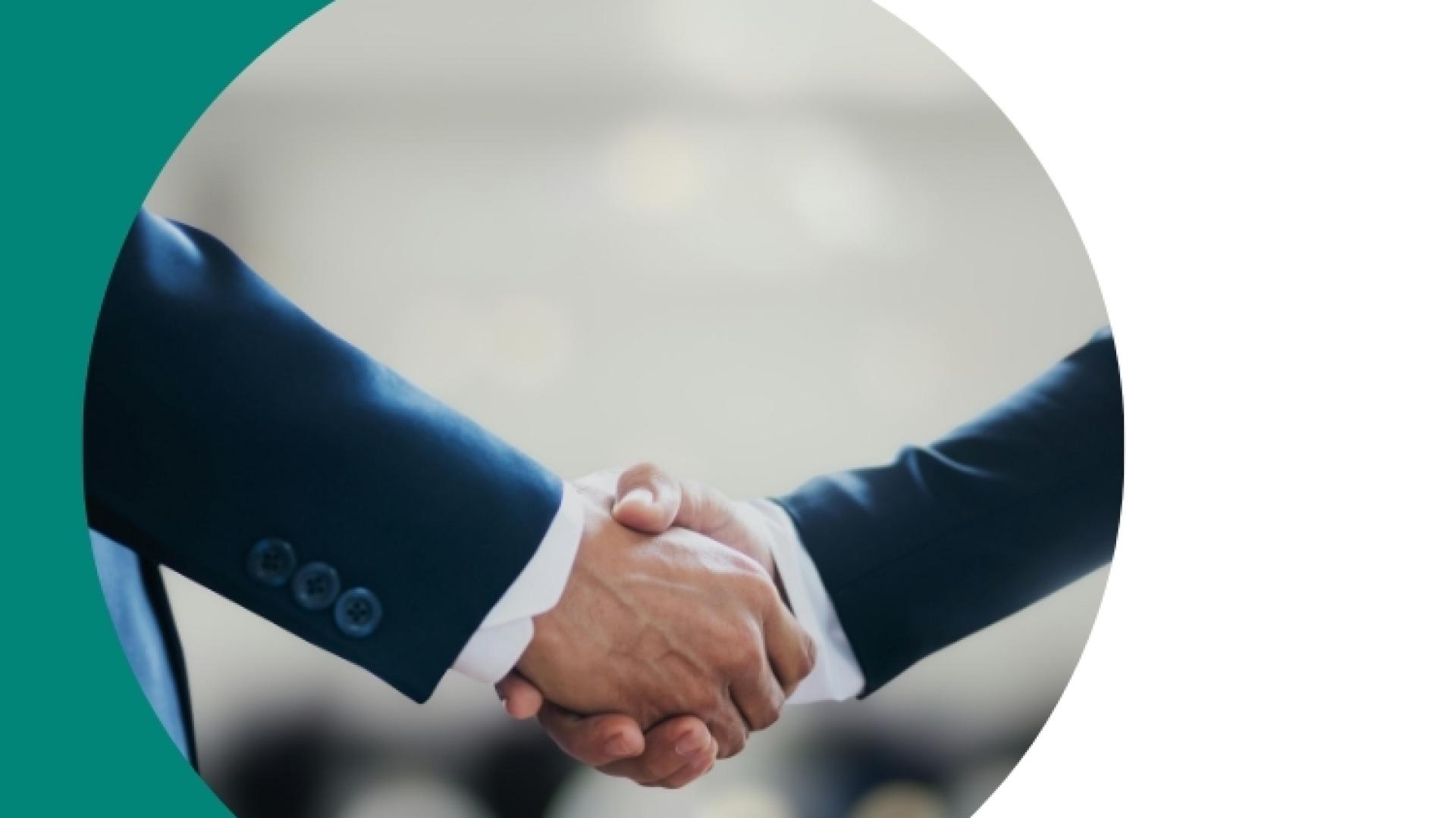 Two people shaking hands, framed within a teal and black graphic design.