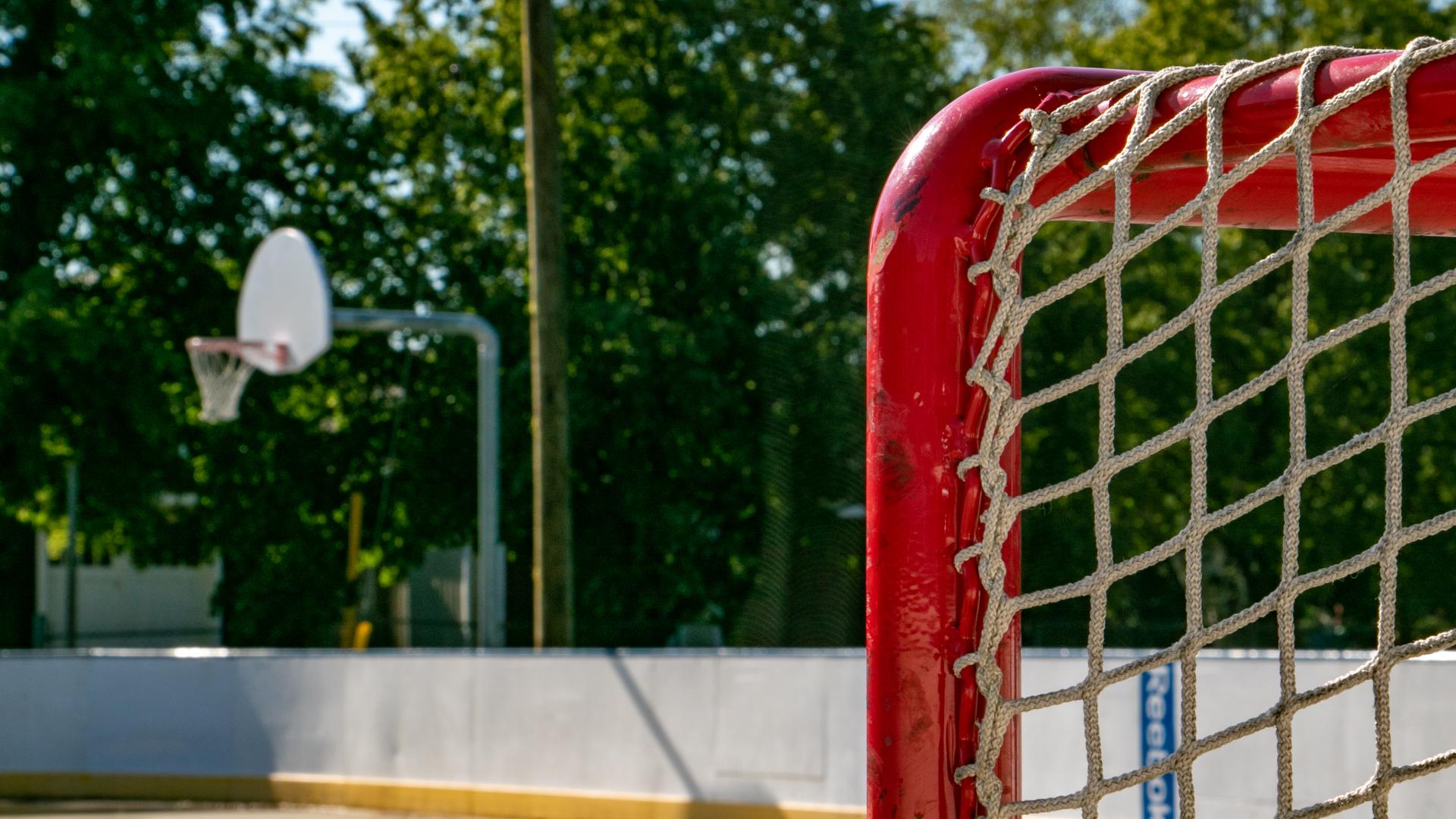 Hockey net and outdoor rink boards with a basketball hoop visible in the background at a community park.