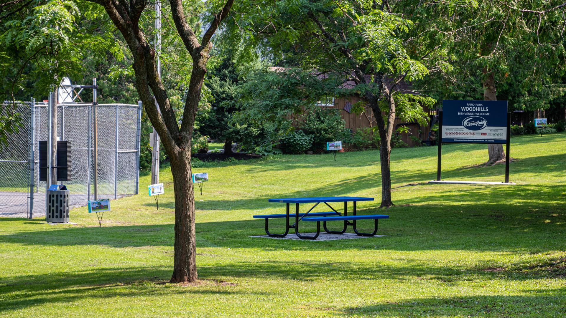 Picnic table and open green space in Woodhills Park, with mature trees, park signage, and recreational facilities in the background.