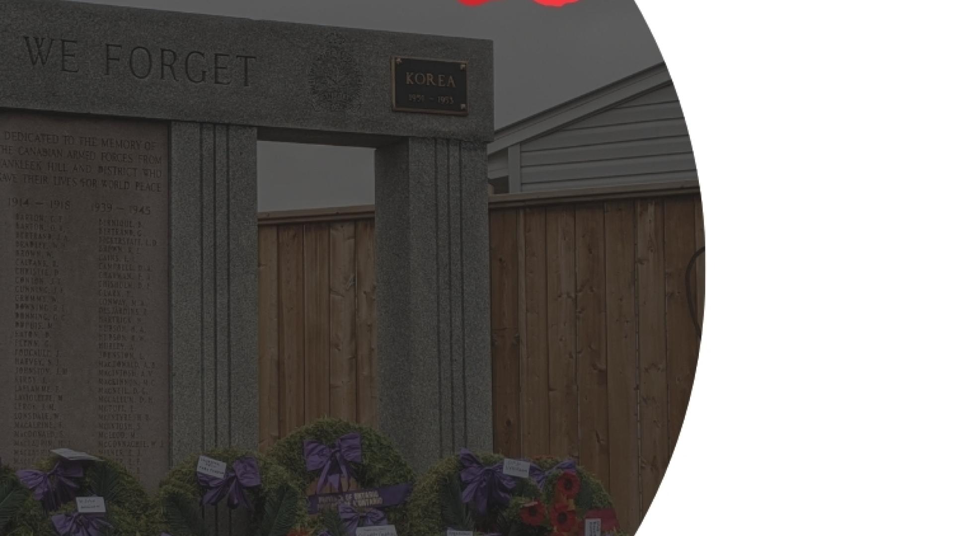 Flower bed and memorial structure displayed beneath Legion and Township of Champlain logos, with poppy graphics decorating the image.