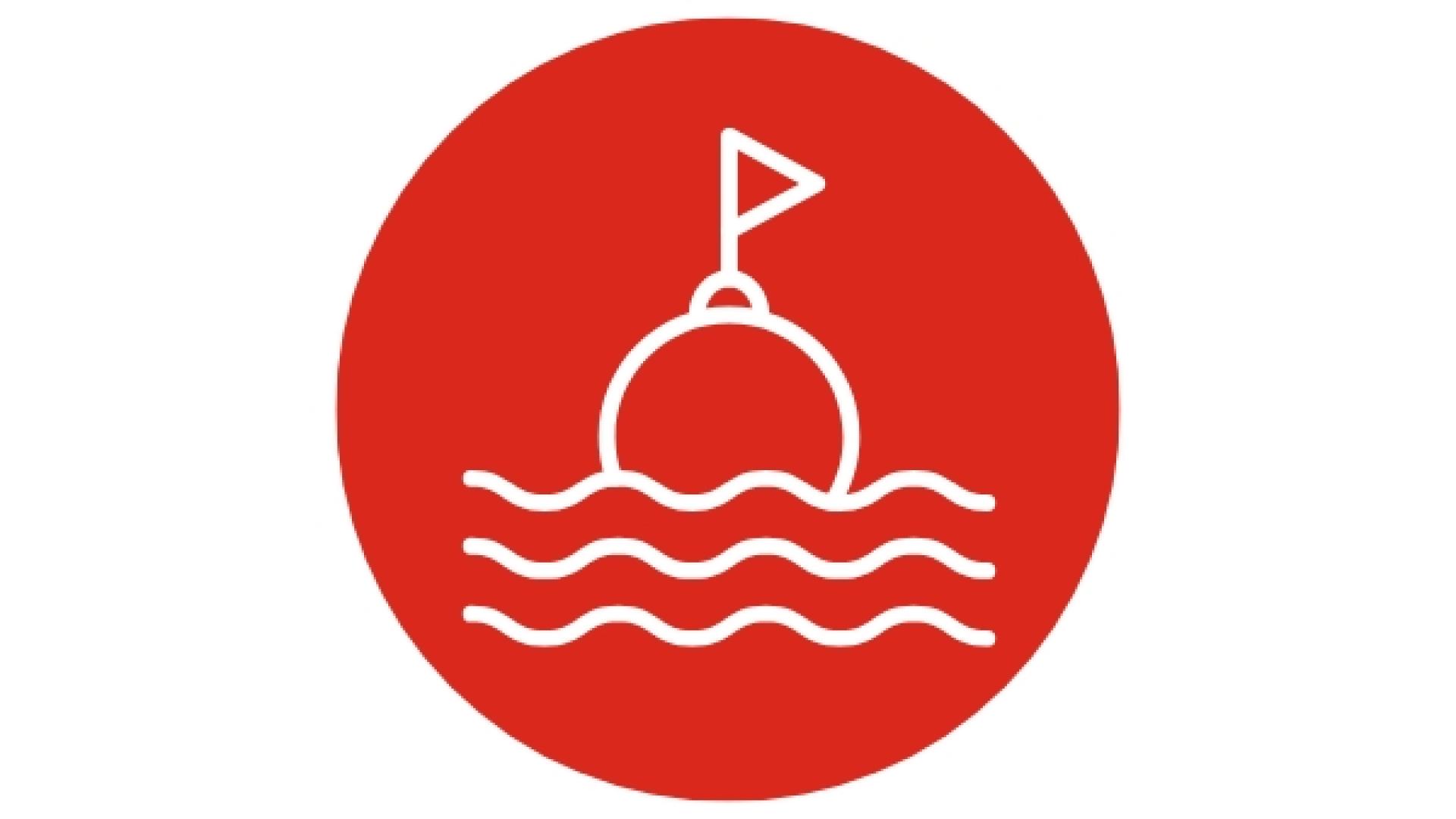 Red safety icon showing a swimming buoy with a flag, representing the designated swimming area.
