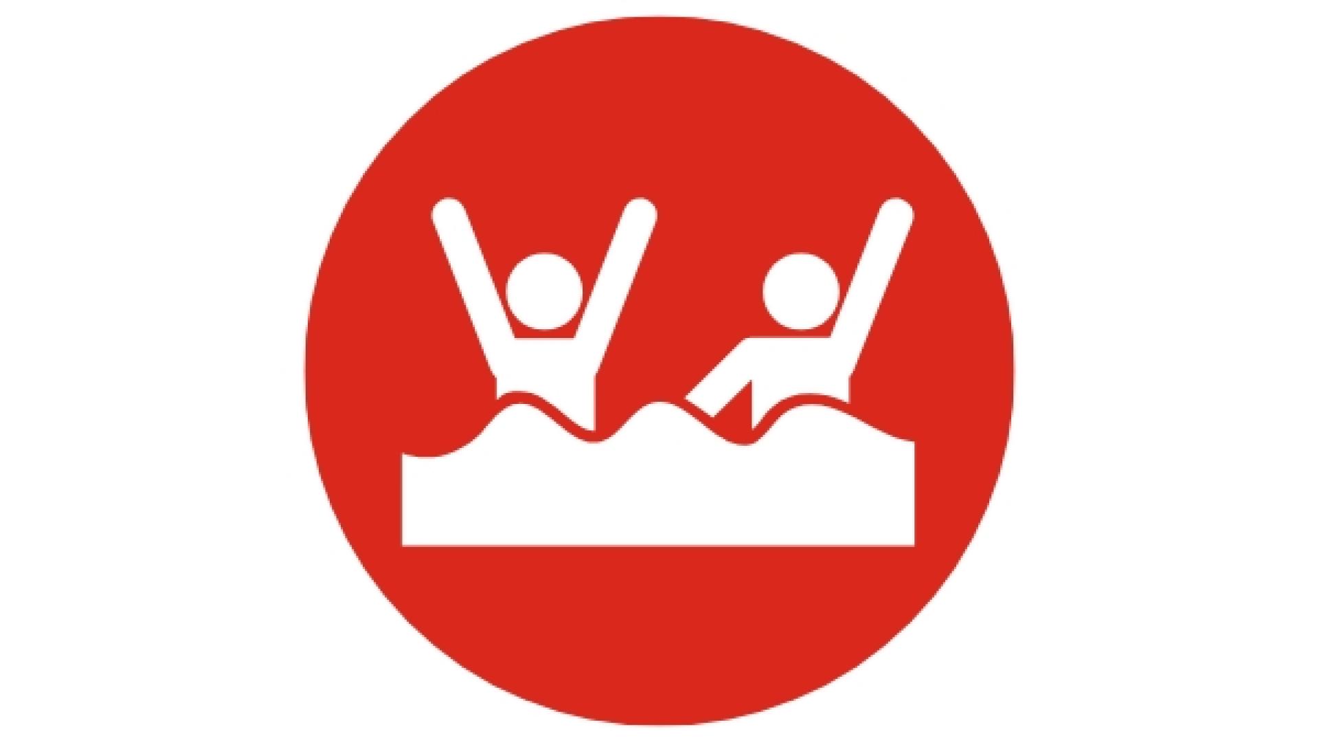 Red safety icon showing two people in the water, representing the importance of swimming with a buddy.