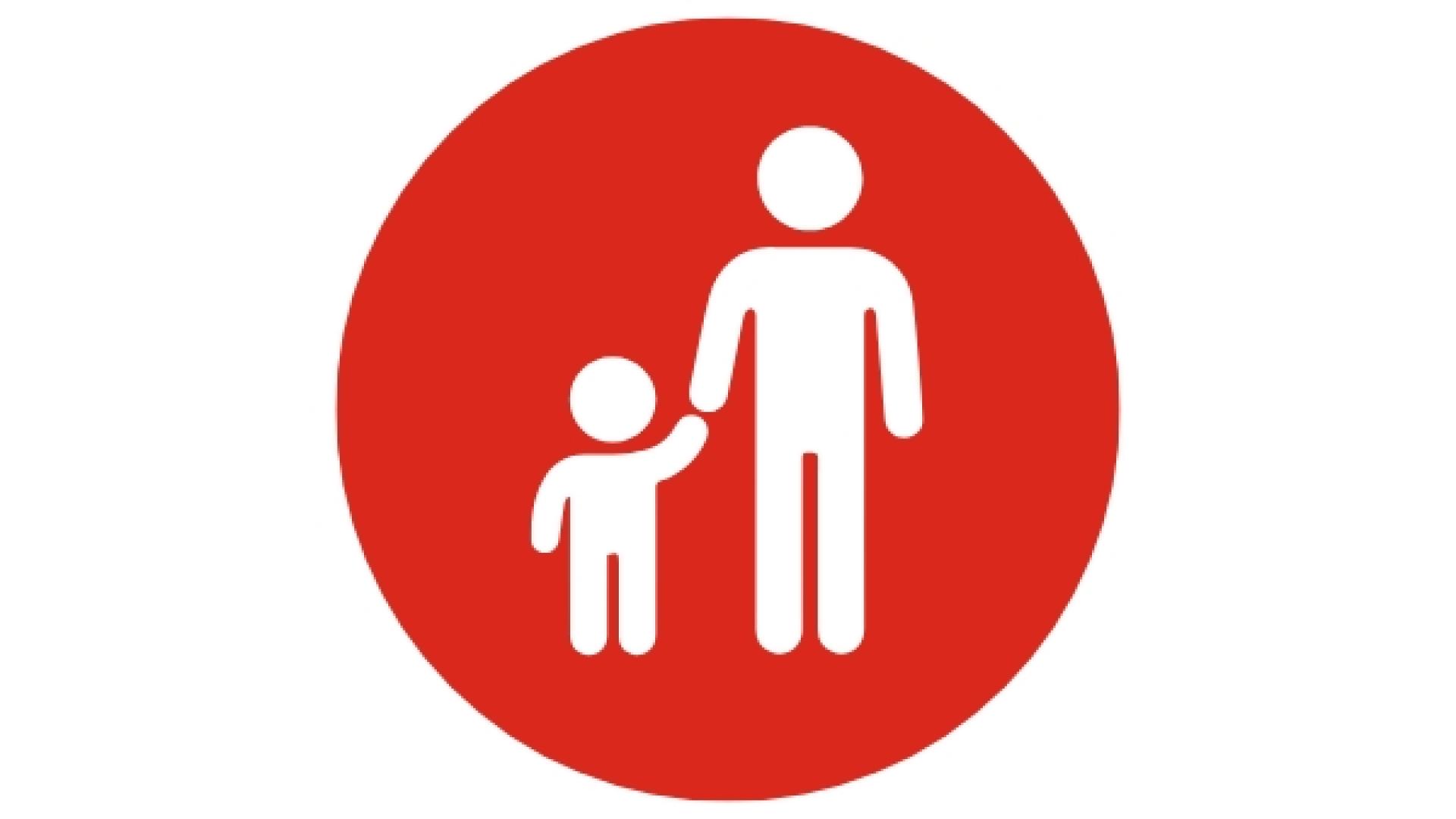 Red safety icon showing an adult holding a child's hand, representing active supervision of children near water.