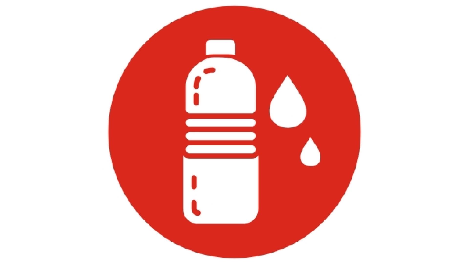 Red safety icon showing a water bottle and water droplets, encouraging visitors to stay hydrated.