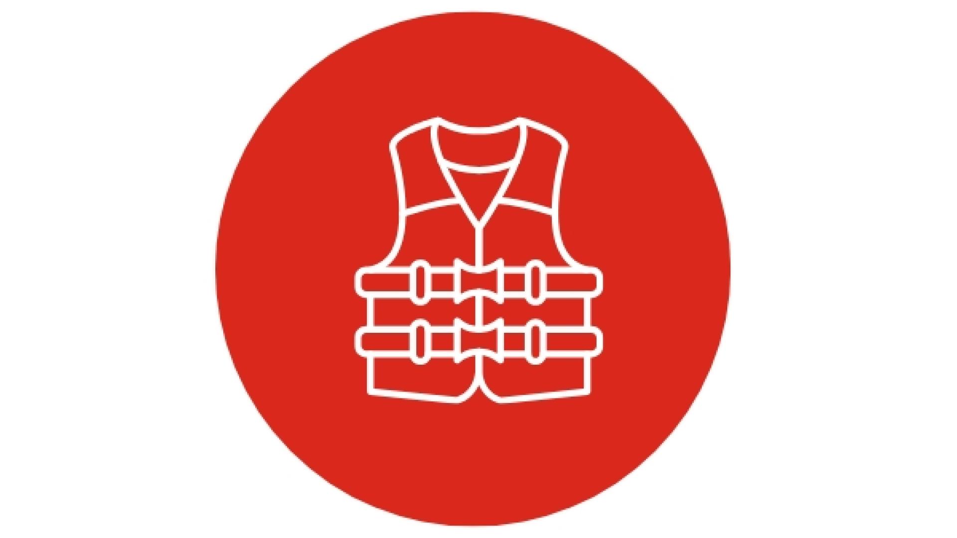 Red safety icon showing a personal flotation device (lifejacket), representing water safety.