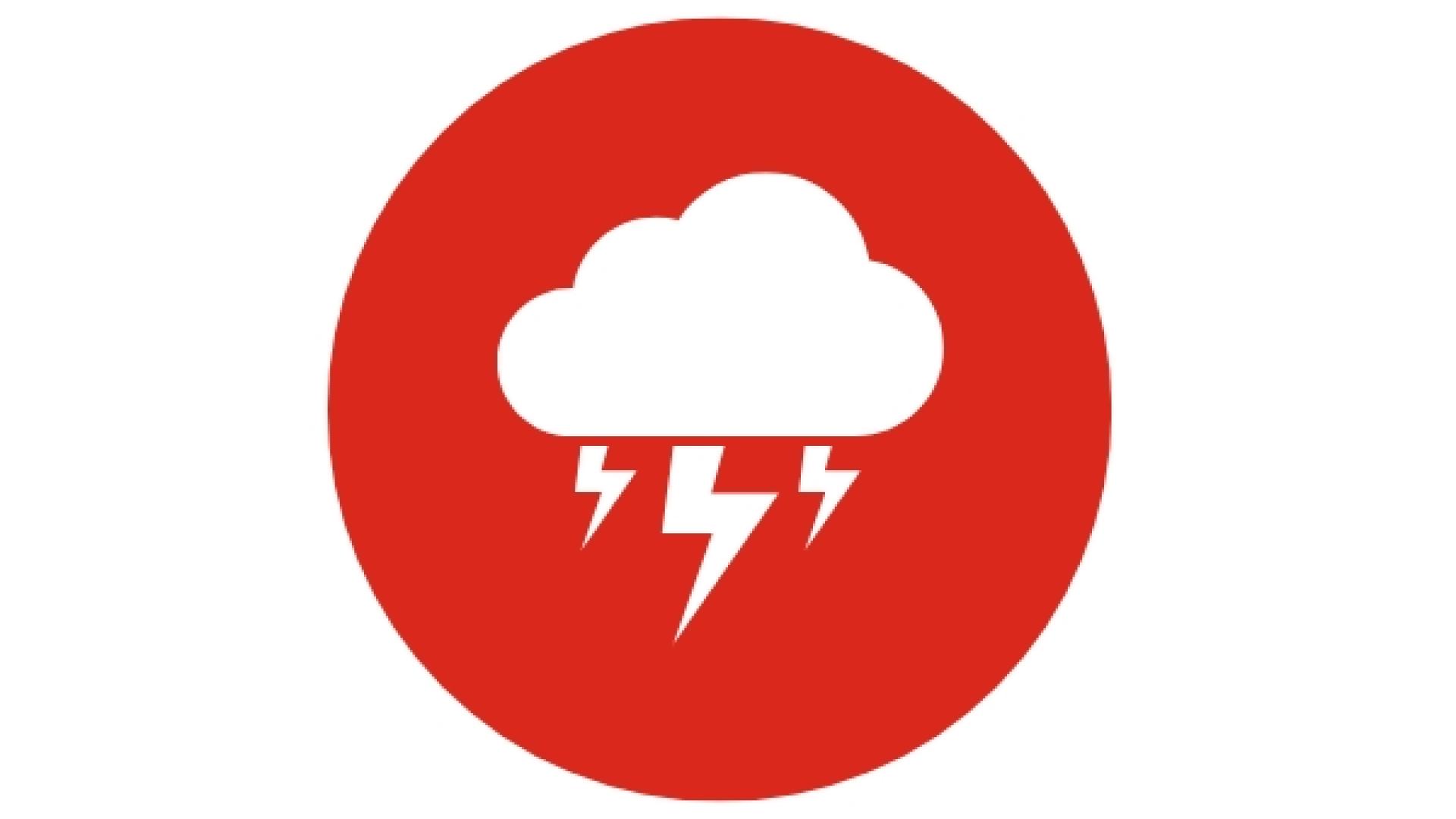 Red safety icon showing a storm cloud with lightning, reminding visitors to monitor weather and water conditions before swimming or boating.