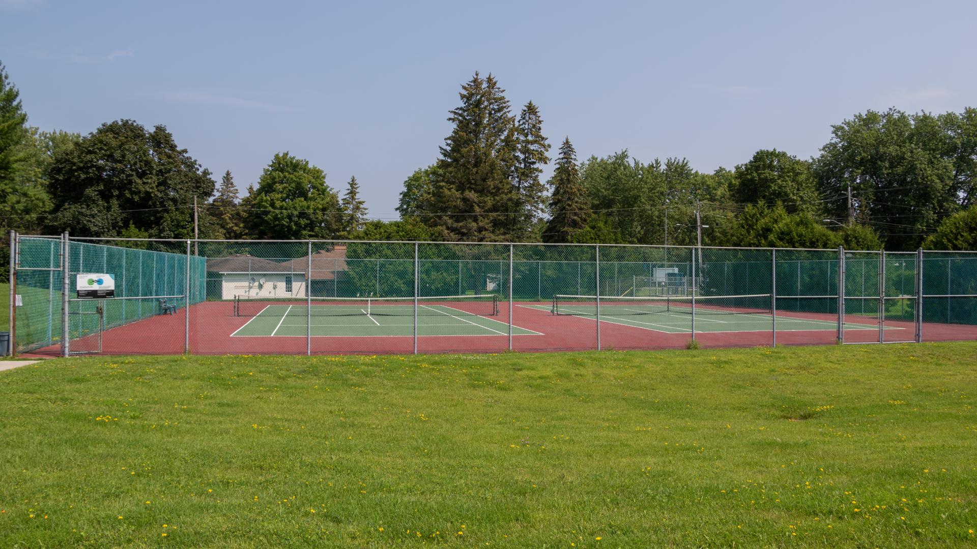 Tennis and pickleball courts surrounded by fencing, with open green space and mature trees nearby.