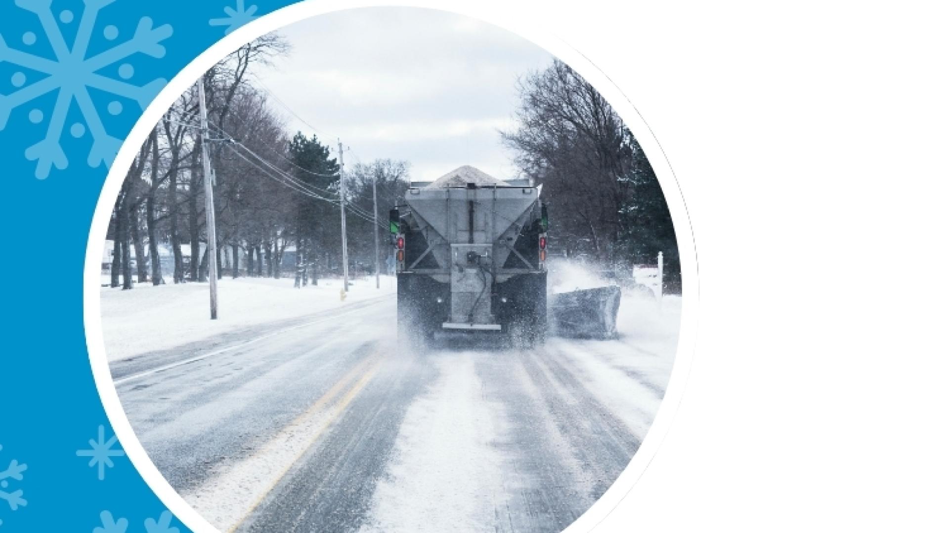 Snowplow clearing a snow-covered road during winter, framed within a blue graphic design with snowflakes.