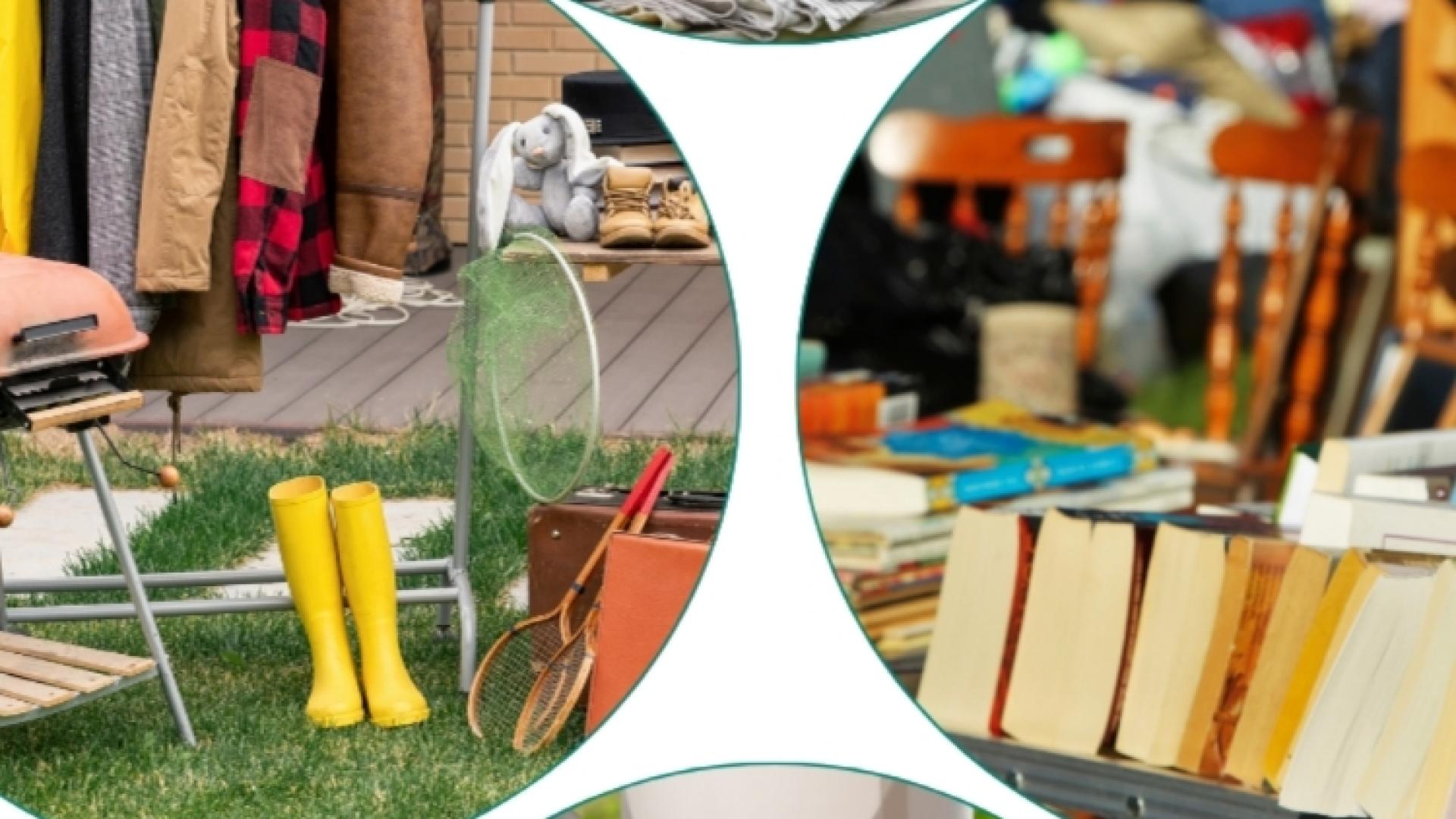 Collage of vintage items, including books, home décor, and market-style displays.