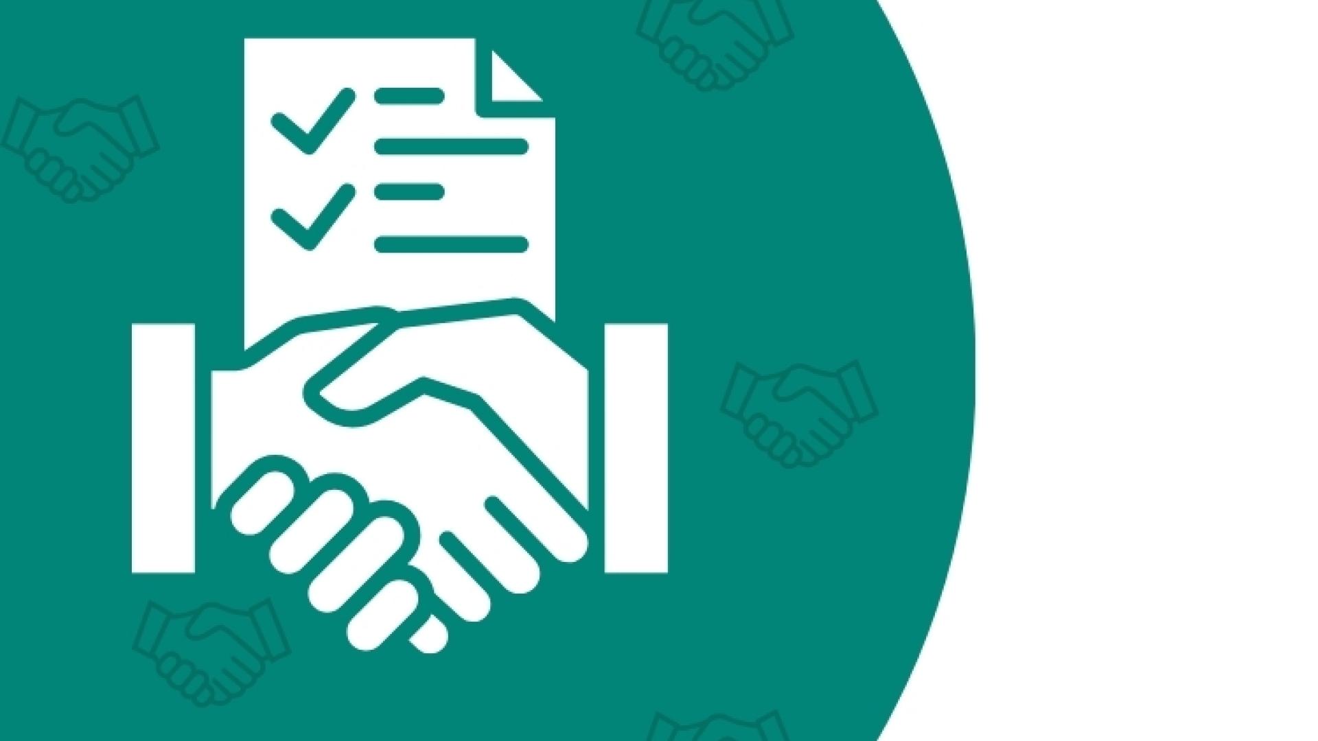 two hand shaking with a document in the background in a teal half circle
