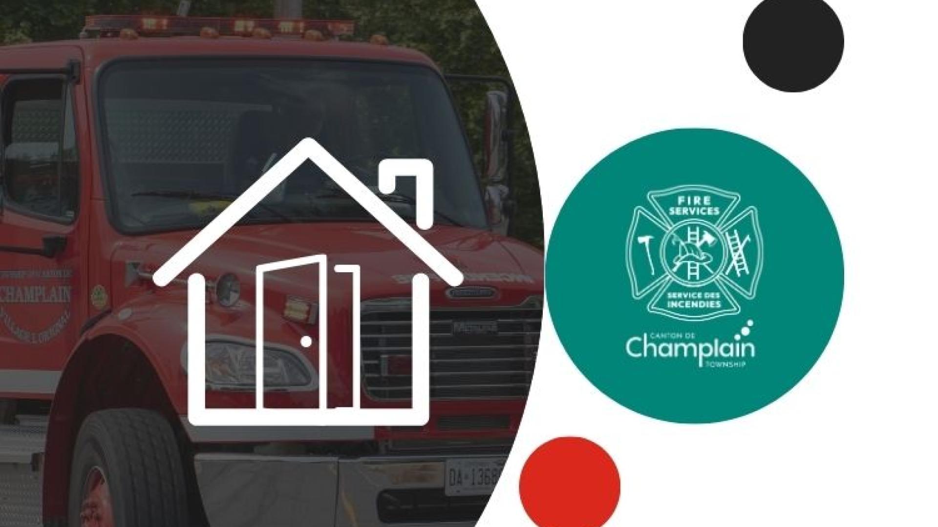 A circular graphic showing the front of a red fire truck with a white house icon overlaid, alongside the Township of Champlain Fire Services logo