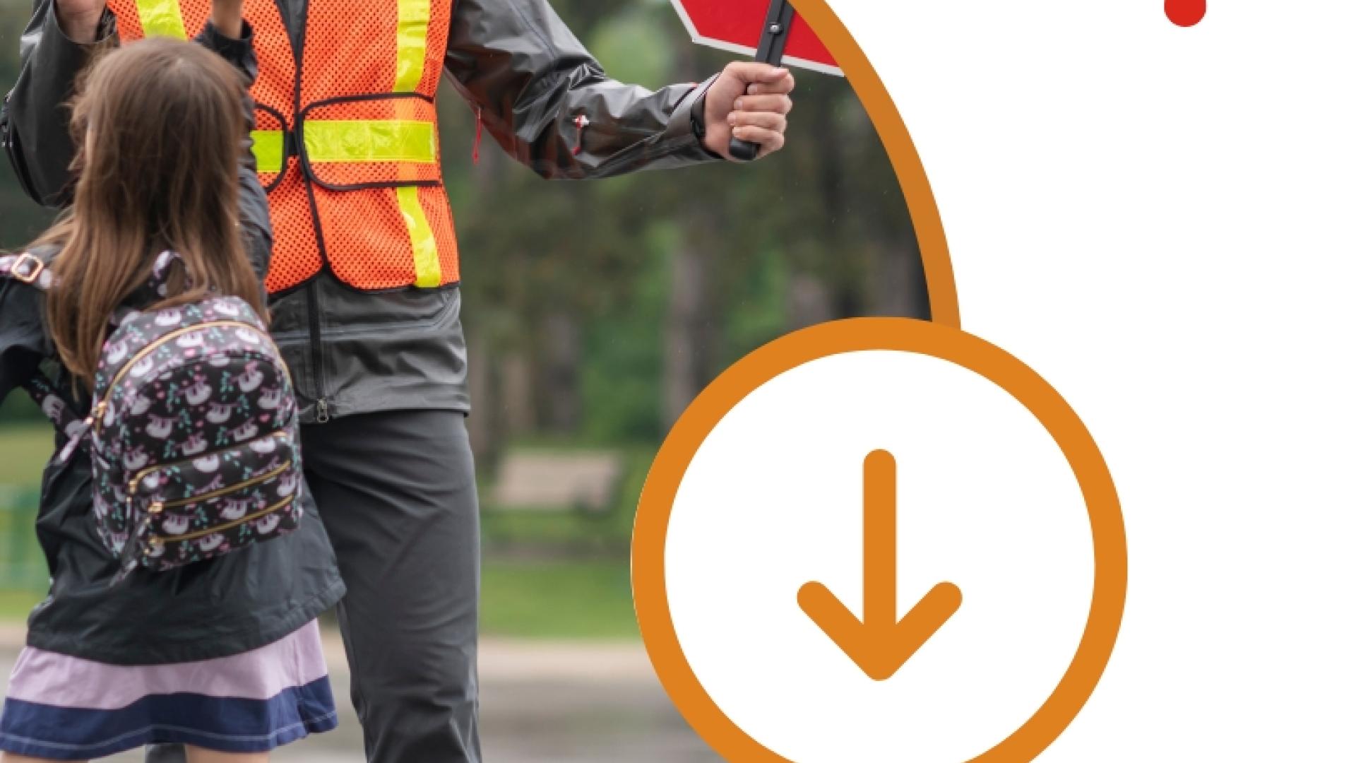 A school crossing guard in a reflective safety vest helping a child cross the street, shown inside an orange circular frame.