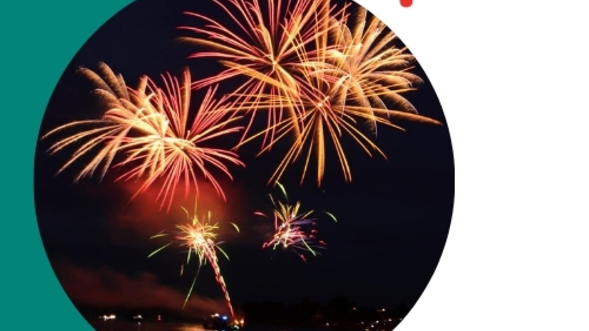 Fireworks bursting over a body of water at night, reflected on the surface, framed inside a circular photo with teal and black graphic accents. The Township of Champlain logo appears in the upper right corner.