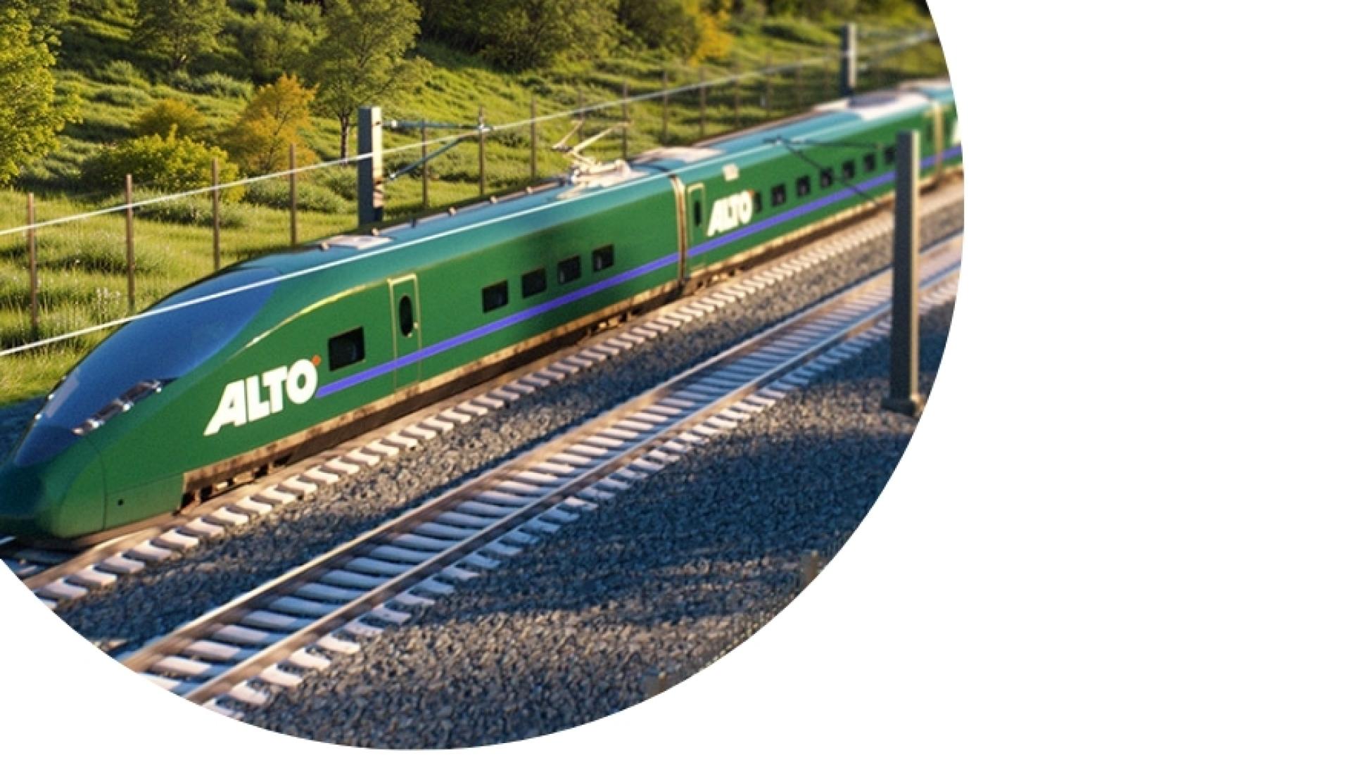 green high speed train with ALTO written on it on a train track
