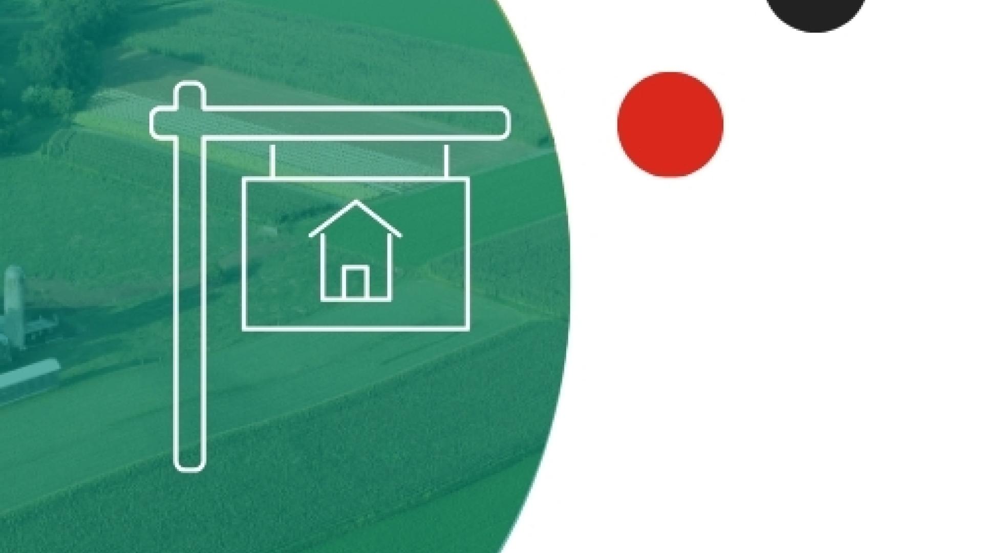 green aerial view of land in a circular shape, an outlined real estate sign with a house icon, and red and black accent dots on a light gray background.