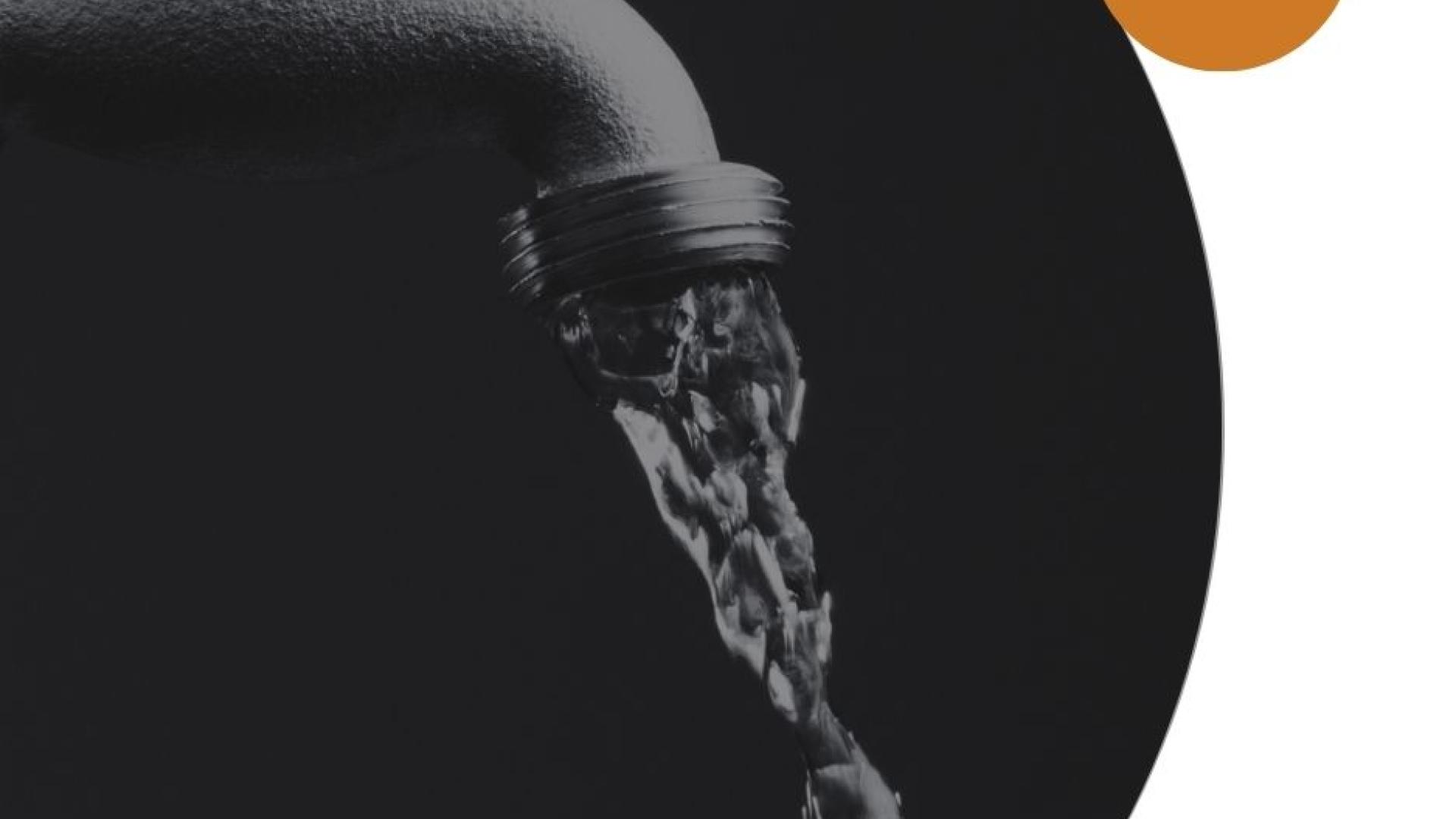 dark water faucet with water flowing from the spout, set against a black circular background with an orange accent circle in the upper right corner.