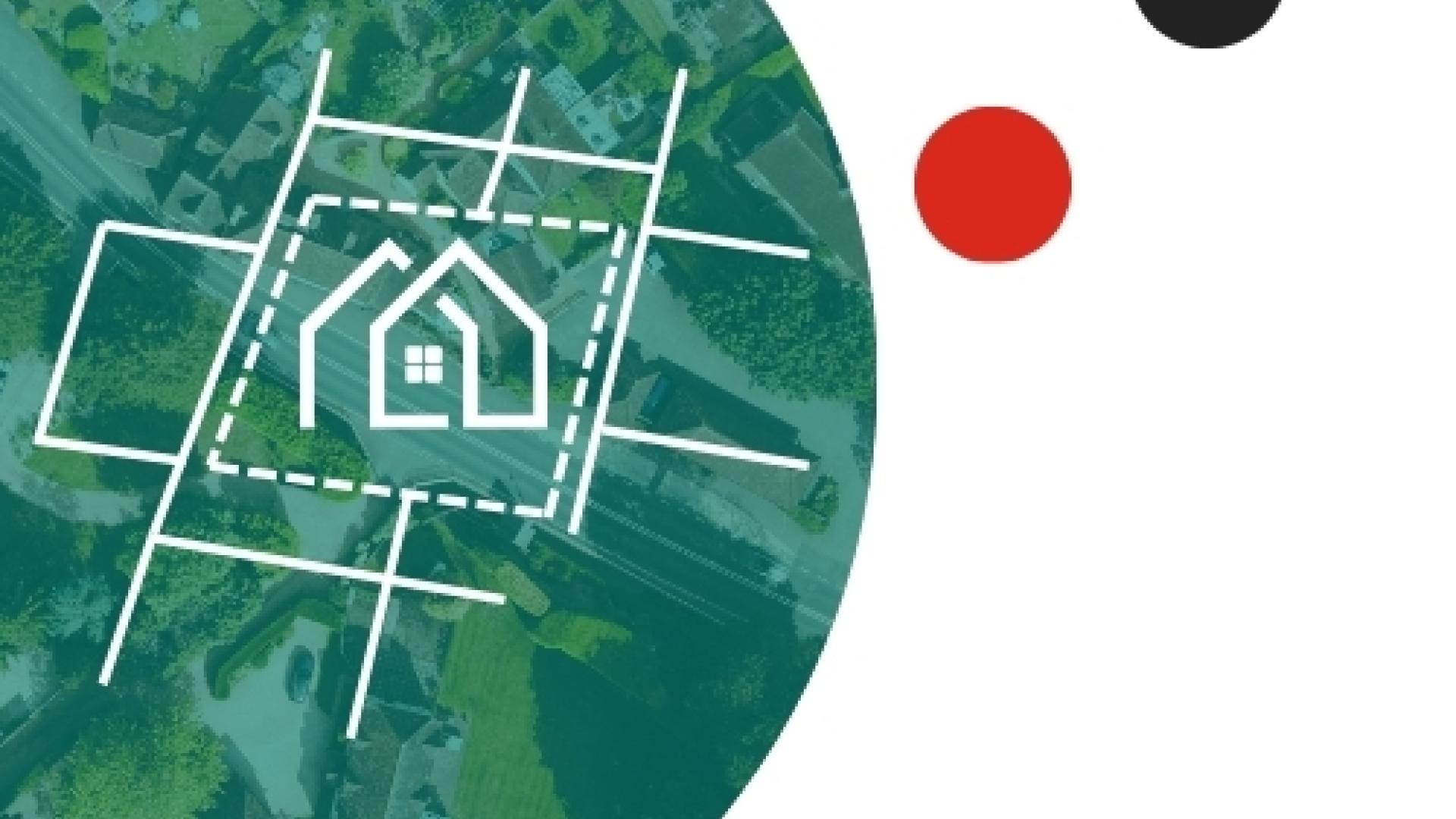 Aerial view of rural properties with a white zoning map illustration highlighting a house and property boundaries, with red and black circular accents.