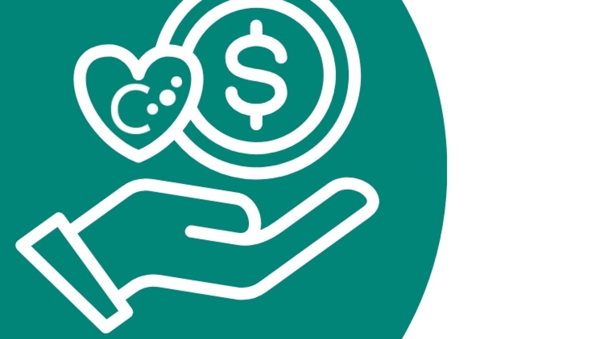 White icon of an open hand holding a dollar coin and a heart against a green background.