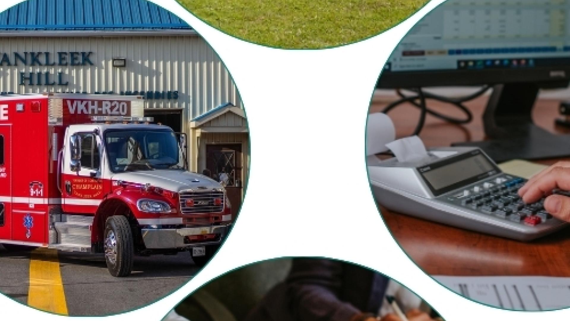 Collage showcasing different municipal services, including fire services, recreation, finance, and administrative services.