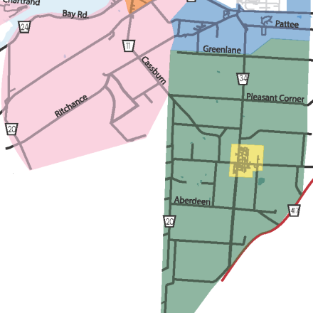 map with 4 colored polygon on top with different colors to represent the ward division