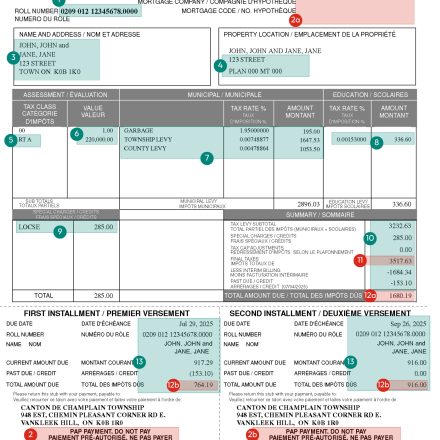 Tax Bill sample with square on it and legend
