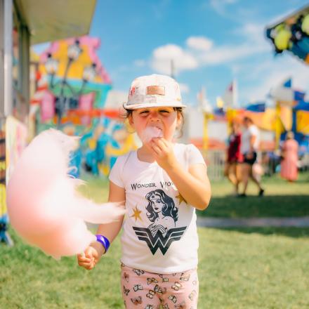 little girl eating coton candy during an outdoor event with roller coasters