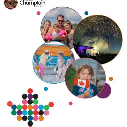 Collage featuring the Champlain logo and colorful circular photos of people, nature, and community activities.