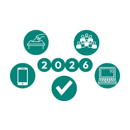 Five teal icons surrounding the year 2026, including a road, a group of people, a smartphone, a laptop, and a check mark.