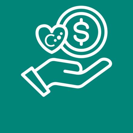 Outline icon of an open hand holding a coin with a dollar sign and a heart symbol