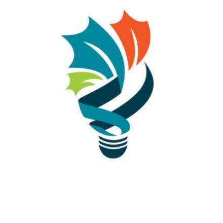 Stylized lightbulb logo formed by colourful abstract leaf shapes in blue, green, and orange