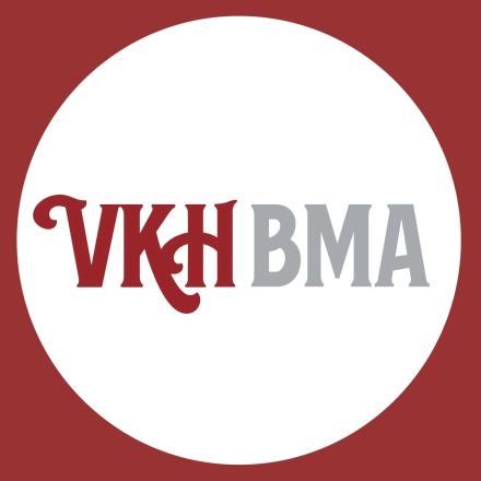 Cursive letters VKHBMA in grey and red in a white circle in a red square.
