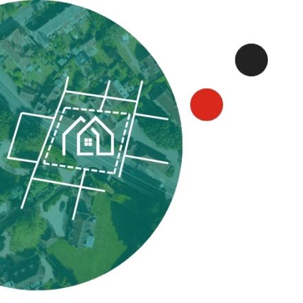 Aerial view of rural properties with a white zoning map illustration highlighting a house and property boundaries, with red and black circular accents.