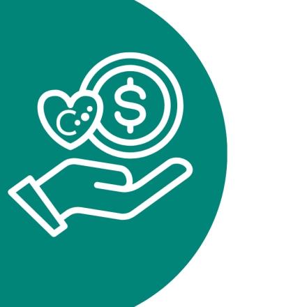 White icon of an open hand holding a dollar coin and a heart against a green background.